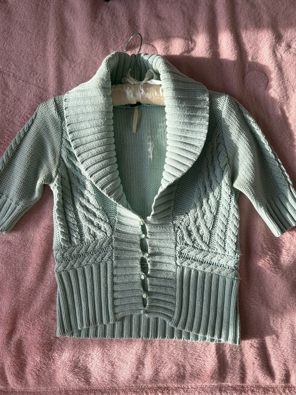 Free People Sage Shawl-Collar Cable Knit Short Sleeve Cardigan